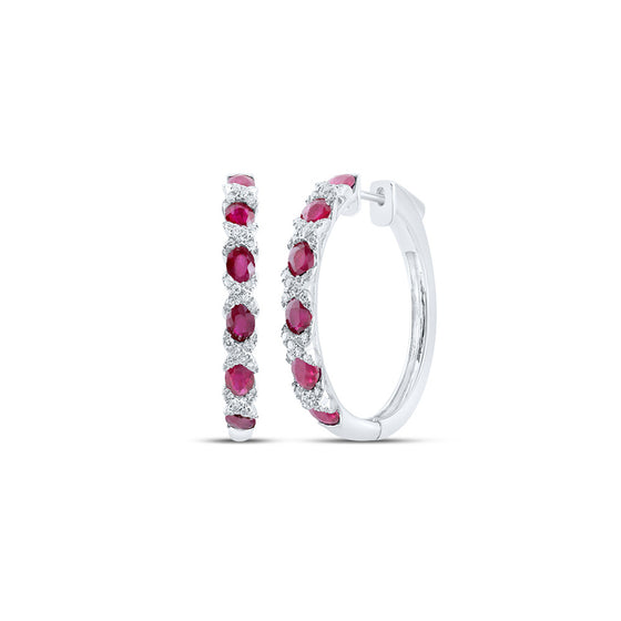 14k White Gold Womens Oval Ruby Diamond Hoop Earrings 3 Cttw