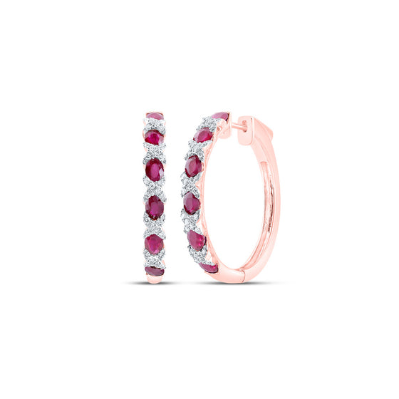14k Rose Gold Womens Oval Ruby Diamond Hoop Earrings 3 Cttw