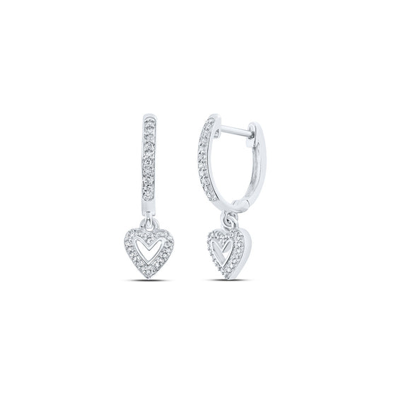 10k White Gold Womens Round Diamond Heart Hoop Dangle Earrings 1/6 Cttw