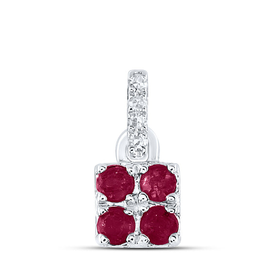 14k White Gold Womens Round Ruby Diamond Square Pendant 1/8 Cttw