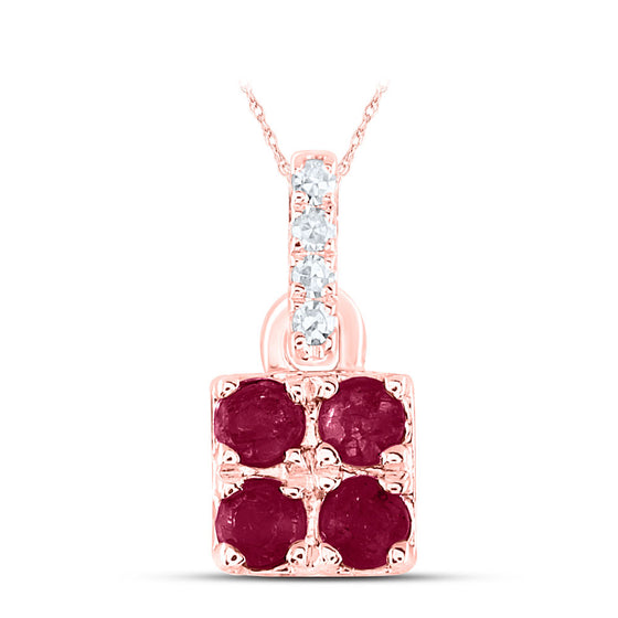 14k Rose Gold Womens Round Ruby Diamond Square Pendant 1/8 Cttw