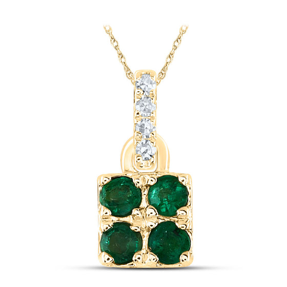 14k Yellow Gold Womens Round Emerald Diamond Square Pendant 1/10 Cttw