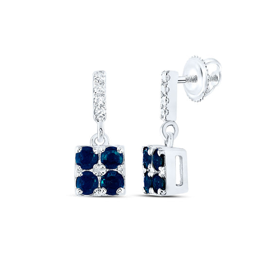 14k White Gold Womens Round Blue Sapphire Diamond Square Dangle Earrings 1/3 Cttw