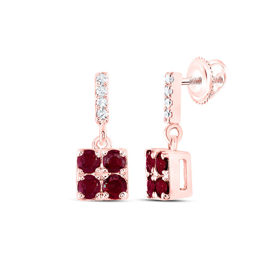 14k Rose Gold Womens Round Ruby Diamond Square Dangle Earrings 1/3 Cttw