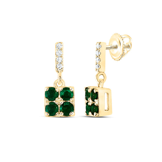 14k Yellow Gold Womens Emerald Emerald Diamond Square Dangle Earrings 1/4 Cttw