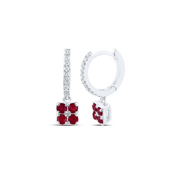 14k White Gold Womens Round Ruby Diamond Square Dangle Earrings 1/3 Cttw