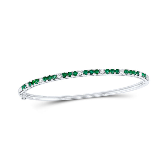 14k White Gold Womens Round Emerald Diamond Bangle Bracelet 2 Cttw