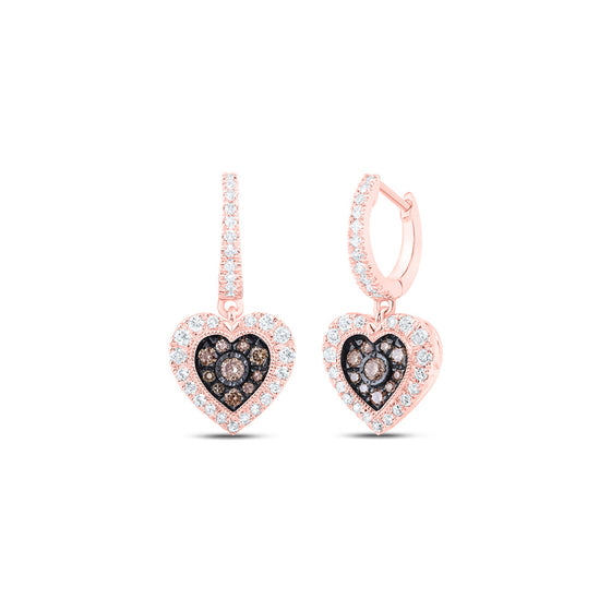 10k Rose Gold Womens Round Brown Diamond Heart Dangle Earrings 5/8 Cttw