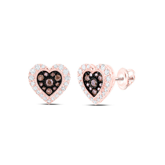 10k Rose Gold Womens Round Brown Diamond Heart Earrings 1/2 Cttw