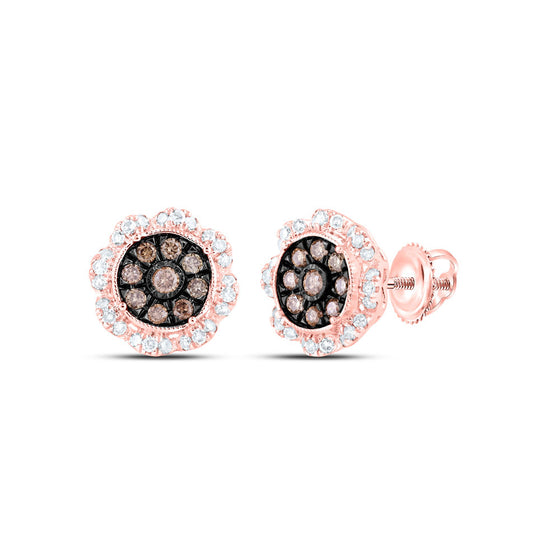 10k Rose Gold Womens Round Brown Diamond Cluster Earrings 5/8 Cttw