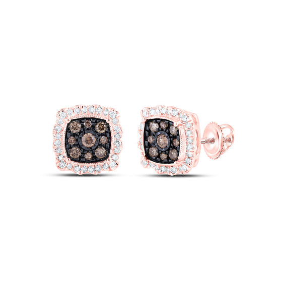 10k Rose Gold Womens Round Brown Diamond Square Earrings 5/8 Cttw