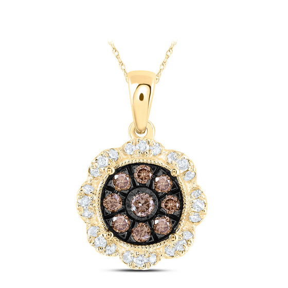 10k Yellow Gold Womens Round Brown Diamond Cluster Pendant 1/3 Cttw