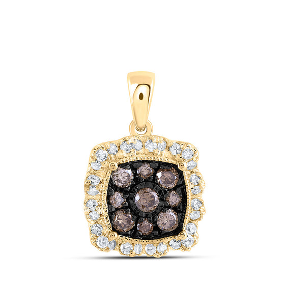 10k Yellow Gold Womens Round Brown Diamond Square Pendant 3/8 Cttw