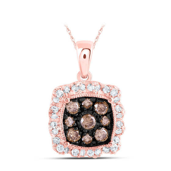 10k Rose Gold Womens Round Brown Diamond Square Pendant 3/8 Cttw