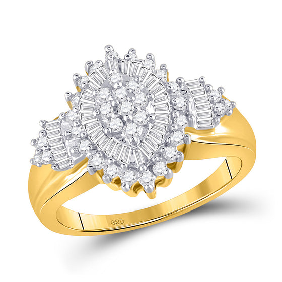 10k Yellow Gold Womens Round Baguette Diamond Oval Cluster Ring 1/2 Cttw