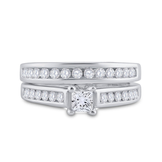 14k White Gold Princess Diamond Bridal Wedding Ring Band Set 1 Cttw