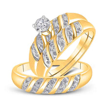  14k Yellow Gold His Hers Round Diamond Solitaire Matching Wedding Set 1/20 Cttw