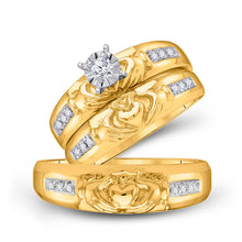  10k Yellow Gold His Hers Round Diamond Claddagh Matching Wedding Set 1/8 Cttw