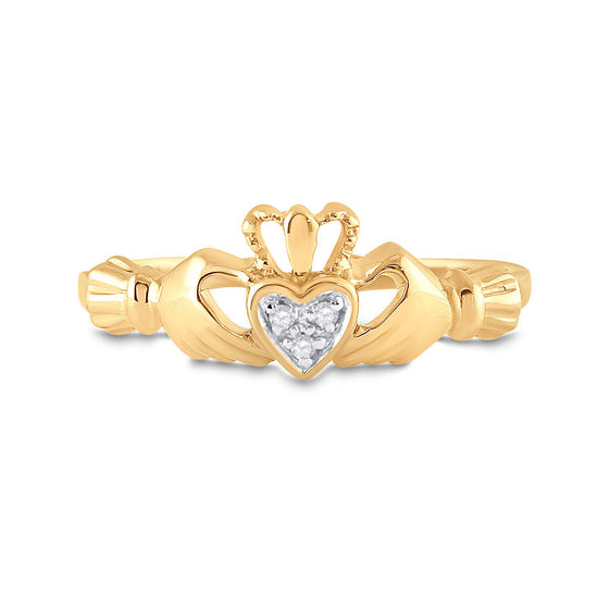 14k Yellow Gold Womens Round Diamond Claddagh Heart Ring .02 Cttw