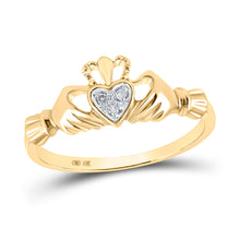  14k Yellow Gold Womens Round Diamond Claddagh Heart Ring .02 Cttw