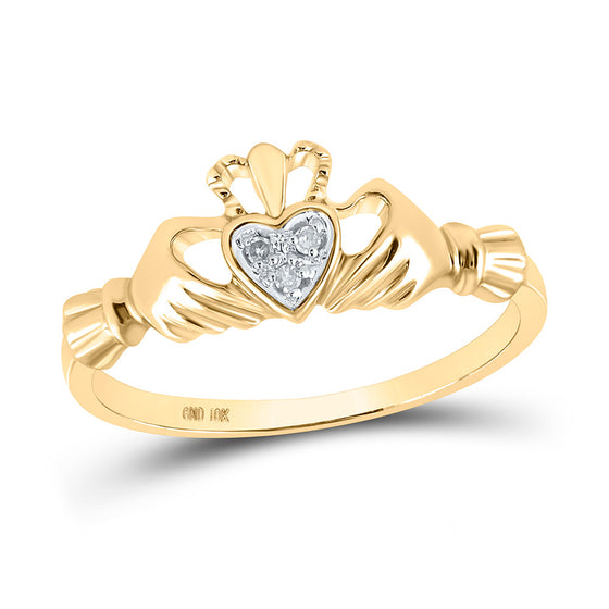 14k Yellow Gold Womens Round Diamond Claddagh Heart Ring .02 Cttw
