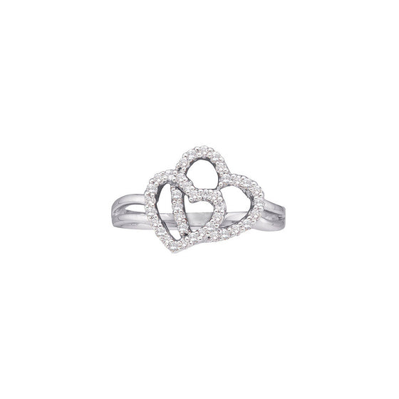 14k White Gold Womens Round Diamond Double Heart Ring 1/4 Cttw