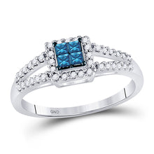  14k White Gold Womens Princess Blue Color Enhanced Diamond Cluster Ring 1/3 Cttw