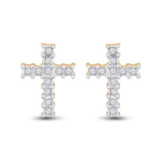 14k Yellow Gold Womens Round Diamond Cross Earrings 1/10 Cttw