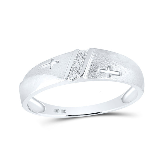 10k White Gold Mens Round Diamond Single Row Cross Wedding Band 1/20 Cttw
