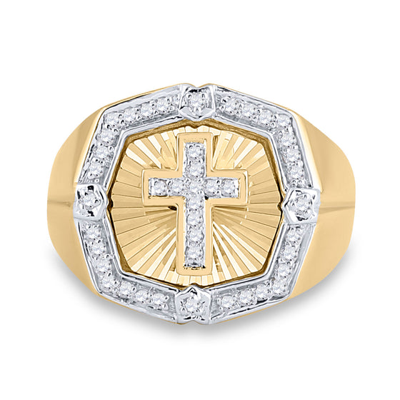 10k Yellow Gold Mens Round Diamond Cross Ring 1/4 Cttw