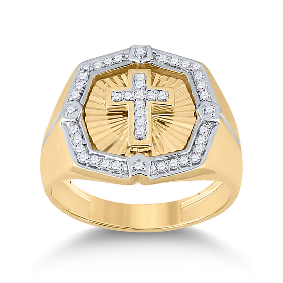 10k Yellow Gold Mens Round Diamond Cross Ring 1/4 Cttw