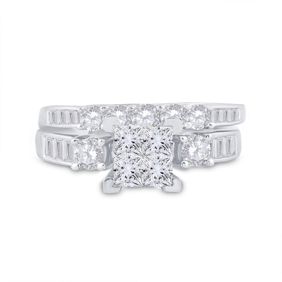 14k White Gold Princess Diamond Bridal Wedding Ring Band Set 1-1/2 Cttw