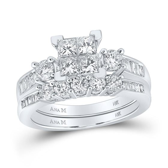 14k White Gold Princess Diamond Bridal Wedding Ring Band Set 1-1/2 Cttw