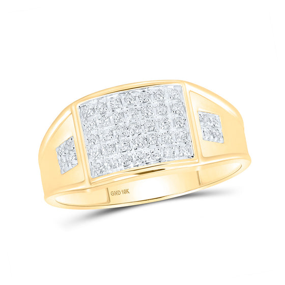 10k Yellow Gold Mens Round Prong-set Diamond Square Cluster Ring 1/4 Cttw
