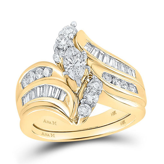 14k Yellow Gold Marquise Diamond Bridal Wedding Ring Band Set 1-1/2 Cttw