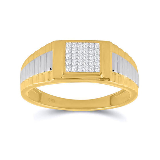 14k Two-tone Gold Mens Princess Diamond Ribbed Cluster Ring 1/4 Cttw