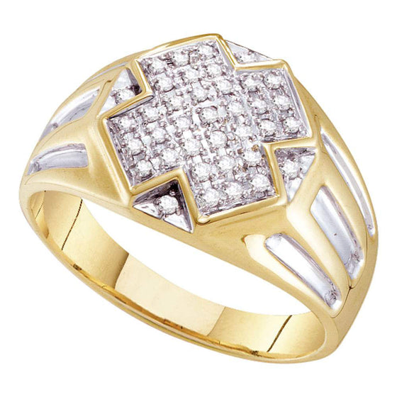 10k Yellow Two-tone Gold Mens Round Diamond Cross Cluster Ring 1/4 Cttw
