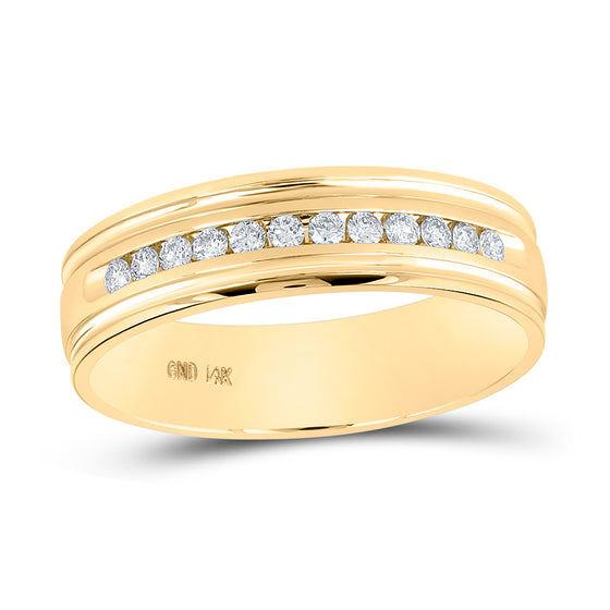 14k Yellow Gold Mens Round Channel-set Diamond Ridged Edge Wedding Band 1/4 Cttw