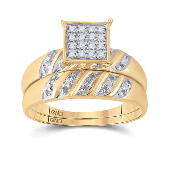 10k Yellow Gold His Hers Round Diamond Cluster Matching Wedding Set 1/12 Cttw
