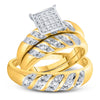 10k Yellow Gold His Hers Round Diamond Cluster Matching Wedding Set 1/12 Cttw