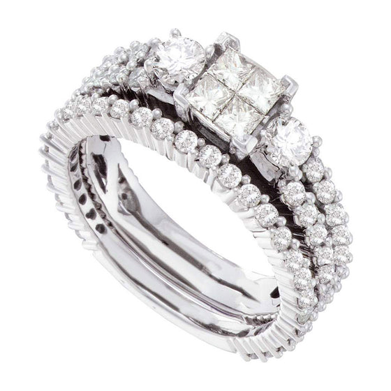 14k White Gold Princess Diamond Cluster Bridal Wedding Ring Band Set 2 Cttw