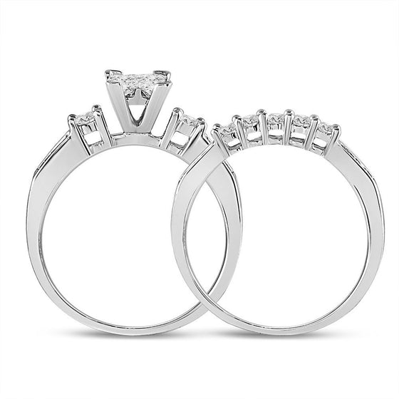 10k White Gold Womens Princess Diamond Bridal Wedding Ring Band Set 1.00 Cttw