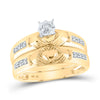 14k Yellow Gold His Hers Round Diamond Claddagh Matching Wedding Set 1/8 Cttw