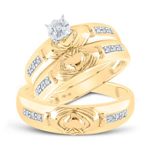  14k Yellow Gold His Hers Round Diamond Claddagh Matching Wedding Set 1/8 Cttw