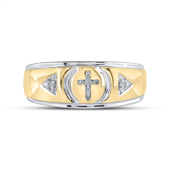Yellow-tone Sterling Silver Mens Round Diamond Cross Wedding Band Ring 1/20 Cttw