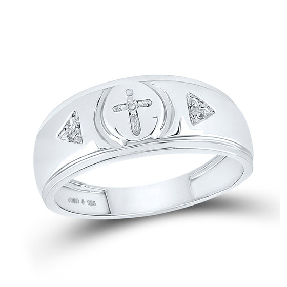 Sterling Silver Mens Round Diamond Cross Wedding Band Ring 1/20 Cttw