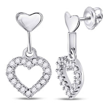  10k White Gold Womens Round Diamond Small Heart Dangle Earrings 1/5 Cttw