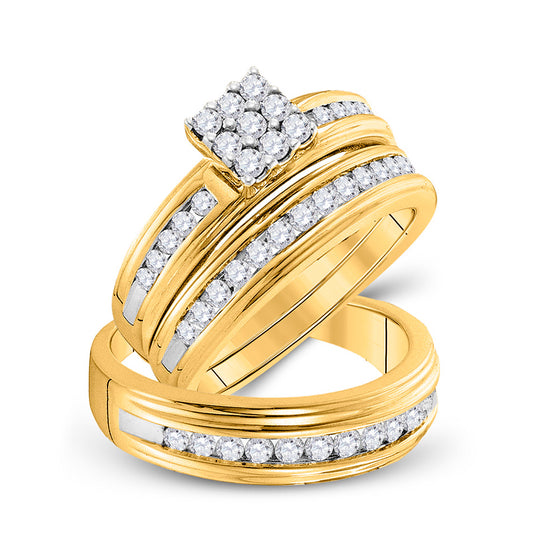 14k Yellow Gold His Hers Princess Diamond Cluster Matching Wedding Set 1 Cttw