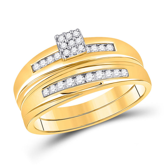 14k Yellow Gold His Hers Round Diamond Cluster Matching Wedding Set 1/2 Cttw