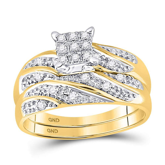 14k Yellow Gold His Hers Round Diamond Square Matching Wedding Set 1/3 Cttw